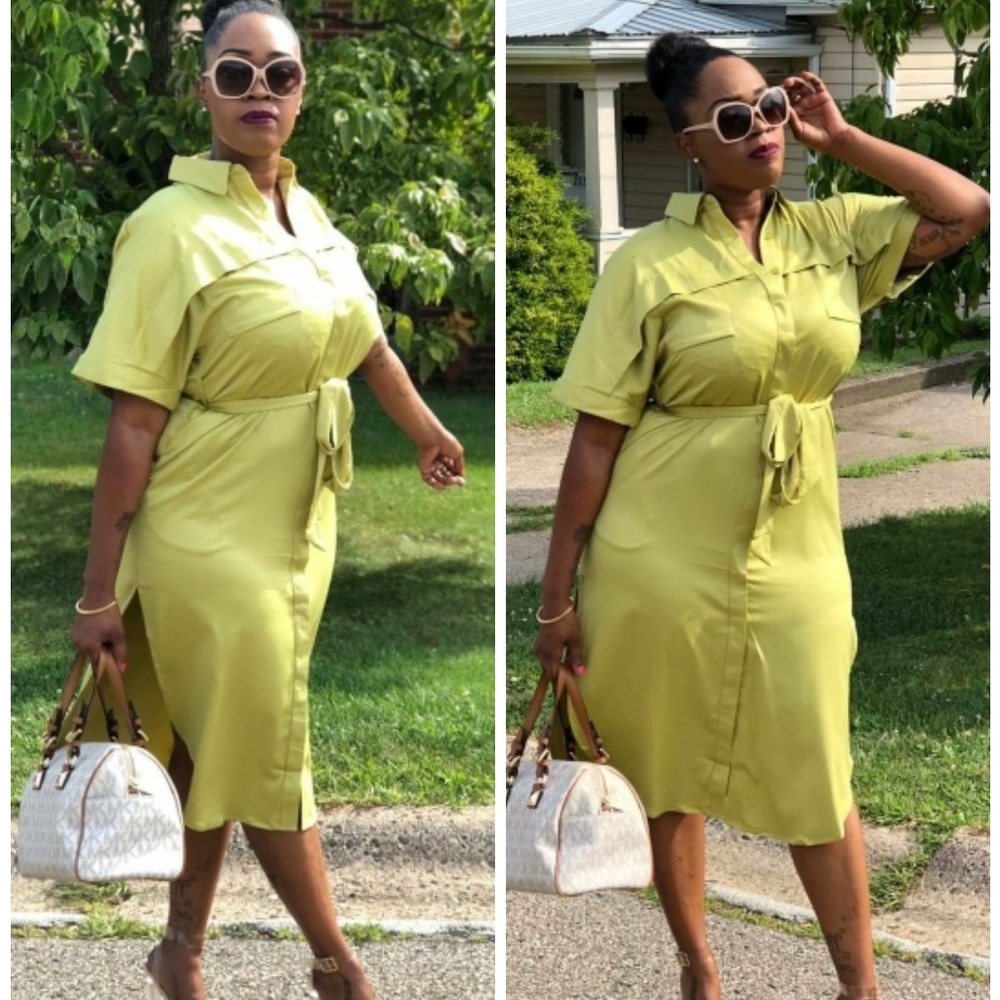 TEA & CUP LIME COLLAR BUTTON DOWN BELT TUNIC MAXI SHIRT LINEN DRESS - Picture 3 of 5